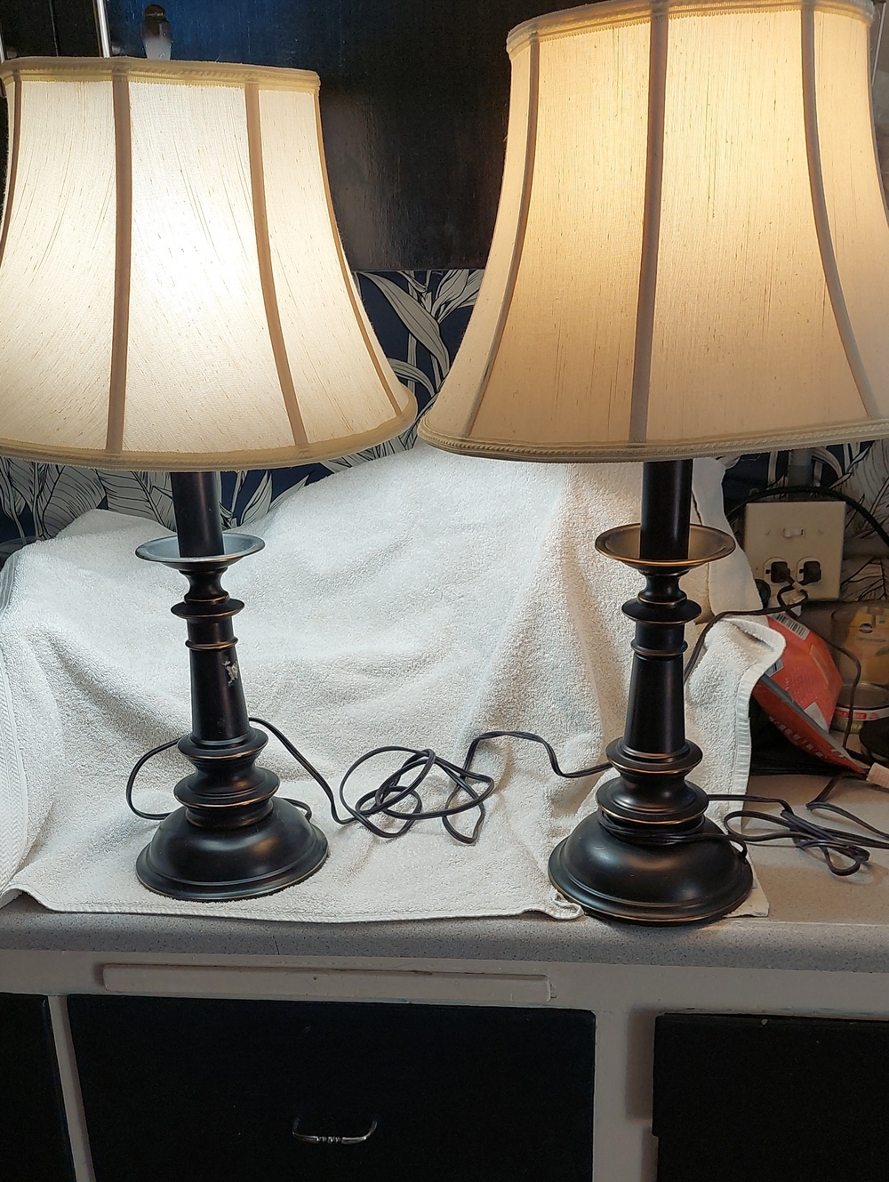 Pair of Black Metal Table Lamps with Cream Fabric Shades